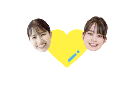 ハートのイラストと笑顔の女性2人