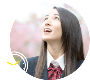 空を見上げる制服姿の女子学生と時計のイラスト