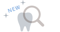 「NEW」の文字と歯・虫眼鏡のイラスト